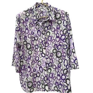 ✨ ALIA NWT White Purple Geometric Blouse M 3/4 Split Cuff Crepe Top 🍇
